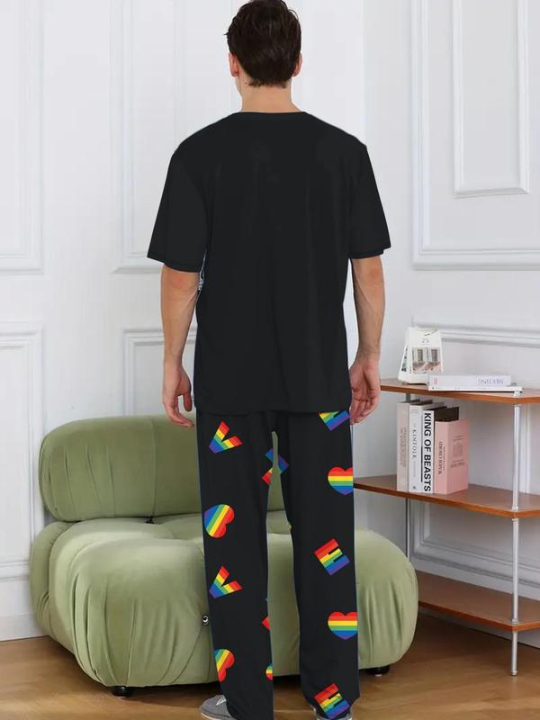 LGBTQ+ Men's 2pcs Heart Print Tee & Letter Print PJ Pants Loungewear Set, Summer Clothes, Round Neck Short Sleeve T-Shirt & Trousers PJ Set, Menswear, Men's Sleepwear Homewear For Summer 1