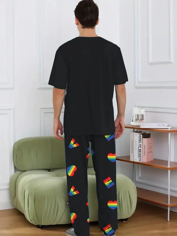 LGBTQ+ Men's 2pcs Heart Print Tee & Letter Print PJ Pants Loungewear Set, Summer Clothes, Round Neck Short Sleeve T-Shirt & Trousers PJ Set, Menswear, Men's Sleepwear Homewear For Summer 1