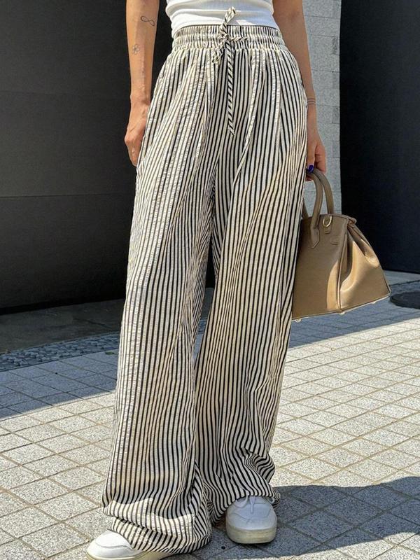 Women's Striped Print Drawstring Waist Wide Leg Pants, Casual Pocket Trousers for Daily Wear, Ladies Bottoms for All Seasons 4