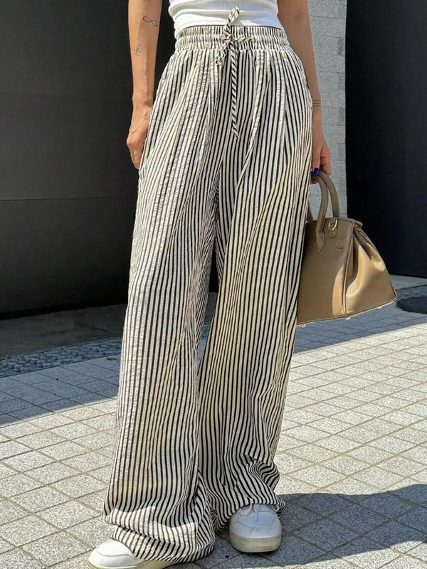 Women's Striped Print Drawstring Waist Wide Leg Pants, Casual Pocket Trousers for Daily Wear, Ladies Bottoms for All Seasons 4