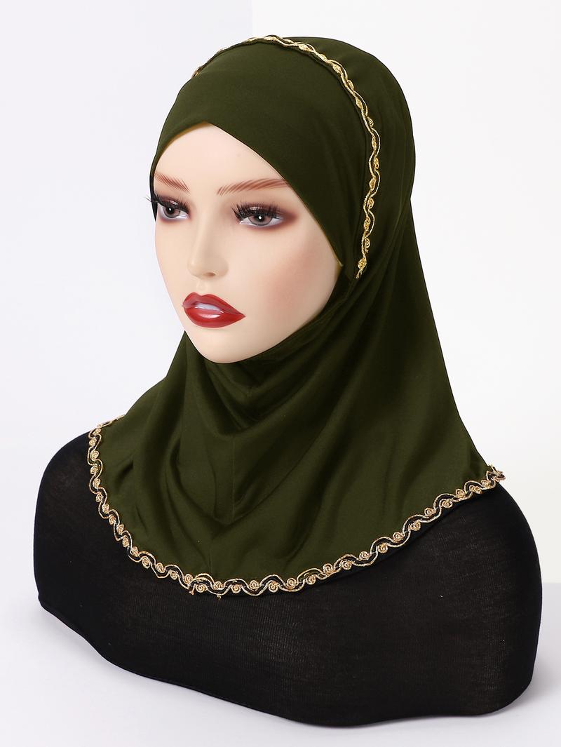 Product Introduction of Bottoming Hood Solid Color Gold Silk Lace Wrapped Chin Convenient Headscarf 8