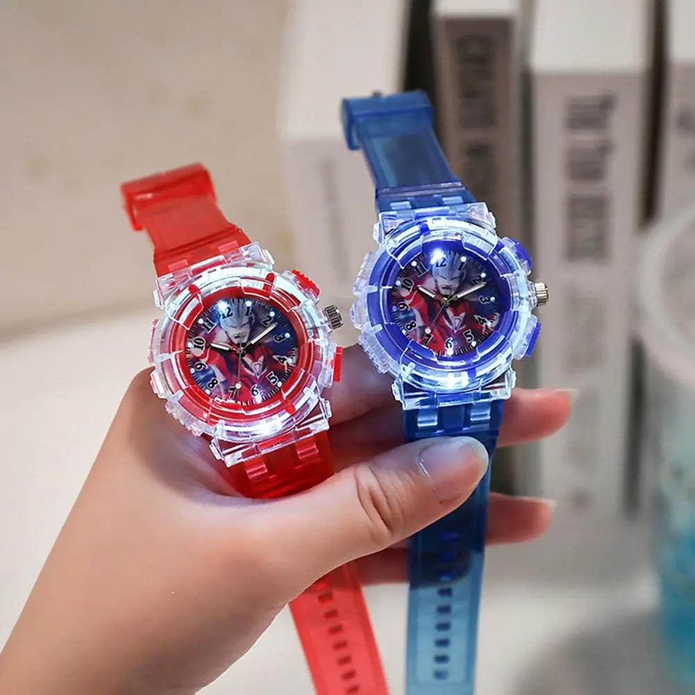 Jam Tangan Pelajar Ultraman, Berkilau, dengan Lampu Berkelip LED, Jam Tangan Elektrik Kartun Seronok, untuk Y6W0 Watches