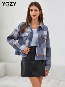 YOZY Women's Plaid Print Button Front Drop Shoulder Jacket, Casual Long Sleeve Collared Outerwear for Fall & Winter, Ladies Clothes for Daily Wear