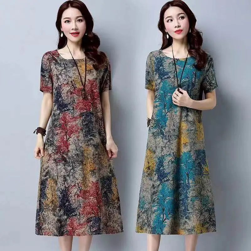 Váy In Hình, Dành Cho Nữ, Cỡ Lớn, ngắn Tay, Dài Trung Bình M-4Xl, Váy Dài, Có In Hình Women Dress