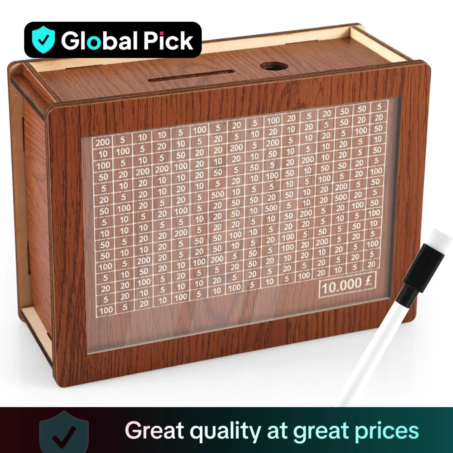 Wooden Cash Box with Wipe Panel & Marker Pen, 1 Count Savings Box with Savings Target, Money Box for Home Office School Dormitory, Teen Girl Gifts, Room Decor, Design, Brown