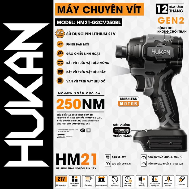 Máy Chuyên Vít Hukan 250Nm Gen 2 HM21 - CV 250 BL Không Chổi Than Chân Pin Phổ Thông Chính Hãng Hukan