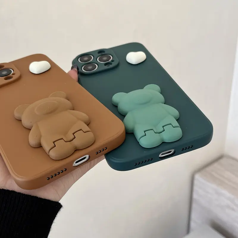 Cute Bear Design Phone Case with Stand, Anti-slip & Anti-drop Cell Phone Soft Case, Phone Accessories Compatible with iPhone 16 15 14 13 12 11 Plus Pro Max E / Samsung S21-S25 Pro Plus FE Ultra Series, Casing 5