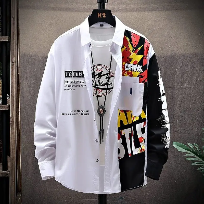 KIYOWO-Kemeja  Pria Lengan Panjang Pria Motif Music Fashion Atasan Fit Kantong Slim Toyobo