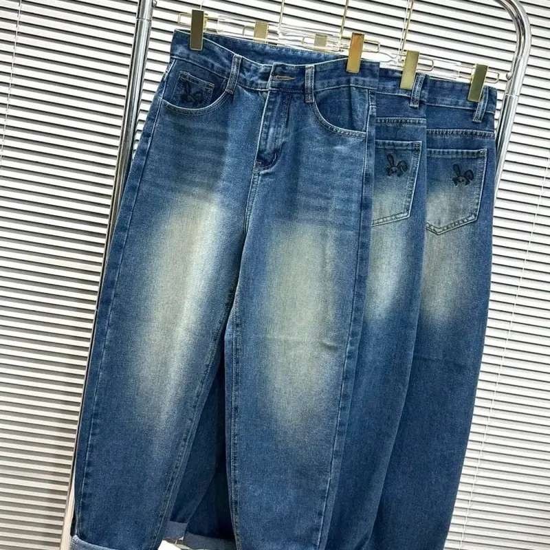 Dài 95cm - Quần Baggy Jean Nữ Thêu Thỏ Nhỏ Xinh Vải Mềm Lưng Cao Tôn Dáng 358 (40-70ky) - nữ  Pants Có Túi quần bò quạ ne Women 5