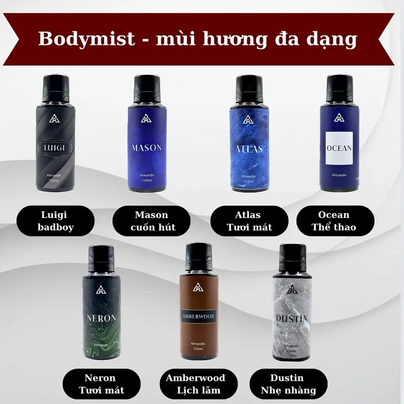 [ MUA 2 TẶNG 1 ] Body Mist Nam Almando , Xịt Thơm Khử Mùi Toàn Thân Nước Hoa Chính Hãng 150ml ( chai )  Phù Hợp Đi Học , Đi Làm , Đi Chơi Hẹn Hò Bodymist Perfume Cosmetic Mỹ Phẩm Làm Đẹp Da Dưỡng Body 8