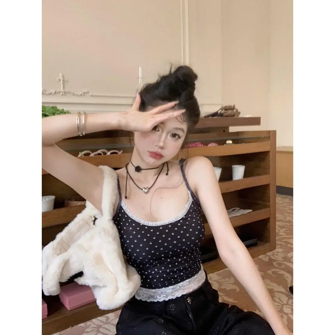 New black lace polka dot camisole vest for women with chest cushion design