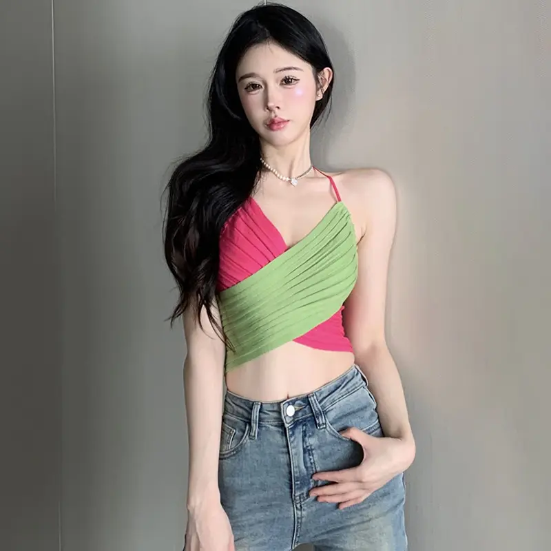 Women Crop Halter Tops Contrast Color Ruched Backless Shirts Summer Sleeveless Vest for Streetwear Aesthetic Clothes