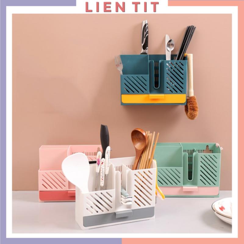 Ống đựng đũa muỗng thìa dao dán tường có khay hứng nước, Giá để đũa thìa, Kệ để dao nhà bếp đa năng Kitchen