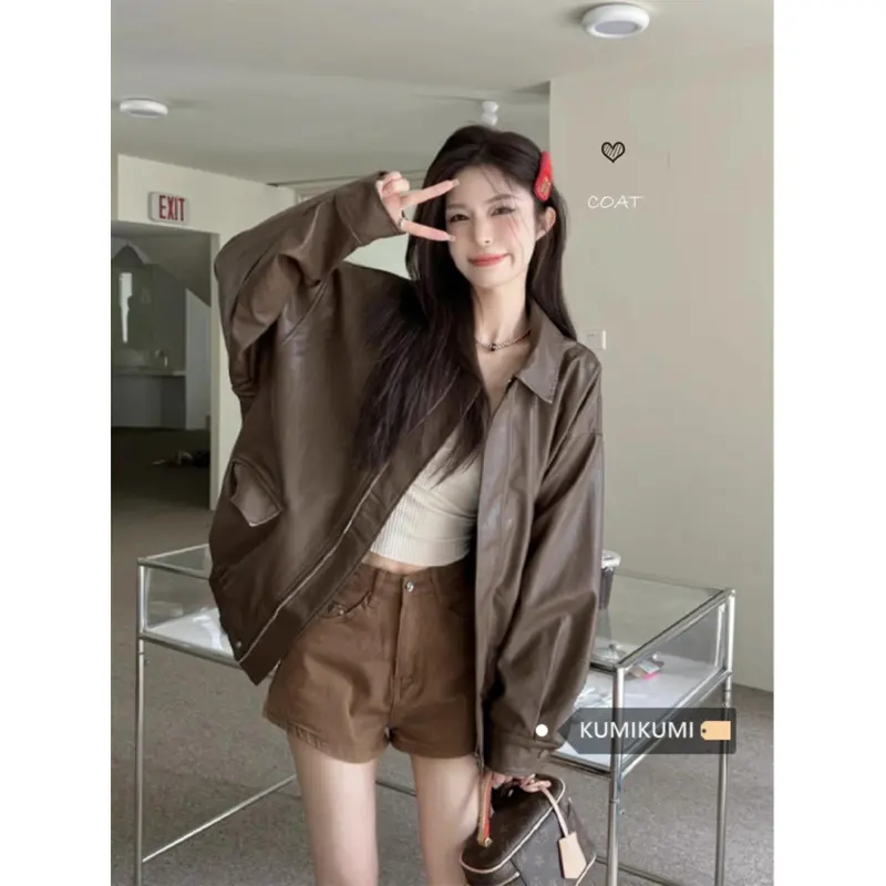 Áo Khoác Da, Phong Cách Mỹ Cổ Điển Màu Cà Phê, Dành Cho Nữ, Thích Hợp Cho Mùa Xuân Và Mùa Thu, Ngọt Ngào Và Ngầu, Thiết Kế Xe Máy, Da PU, Dáng Rộng Vừa Vặn, Áo Dài Tay, Hợp Xu hướng 0