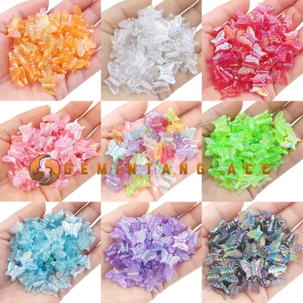 (35 Pcs) Manik Kupu kupu Akrilik Transparan Warna Ab