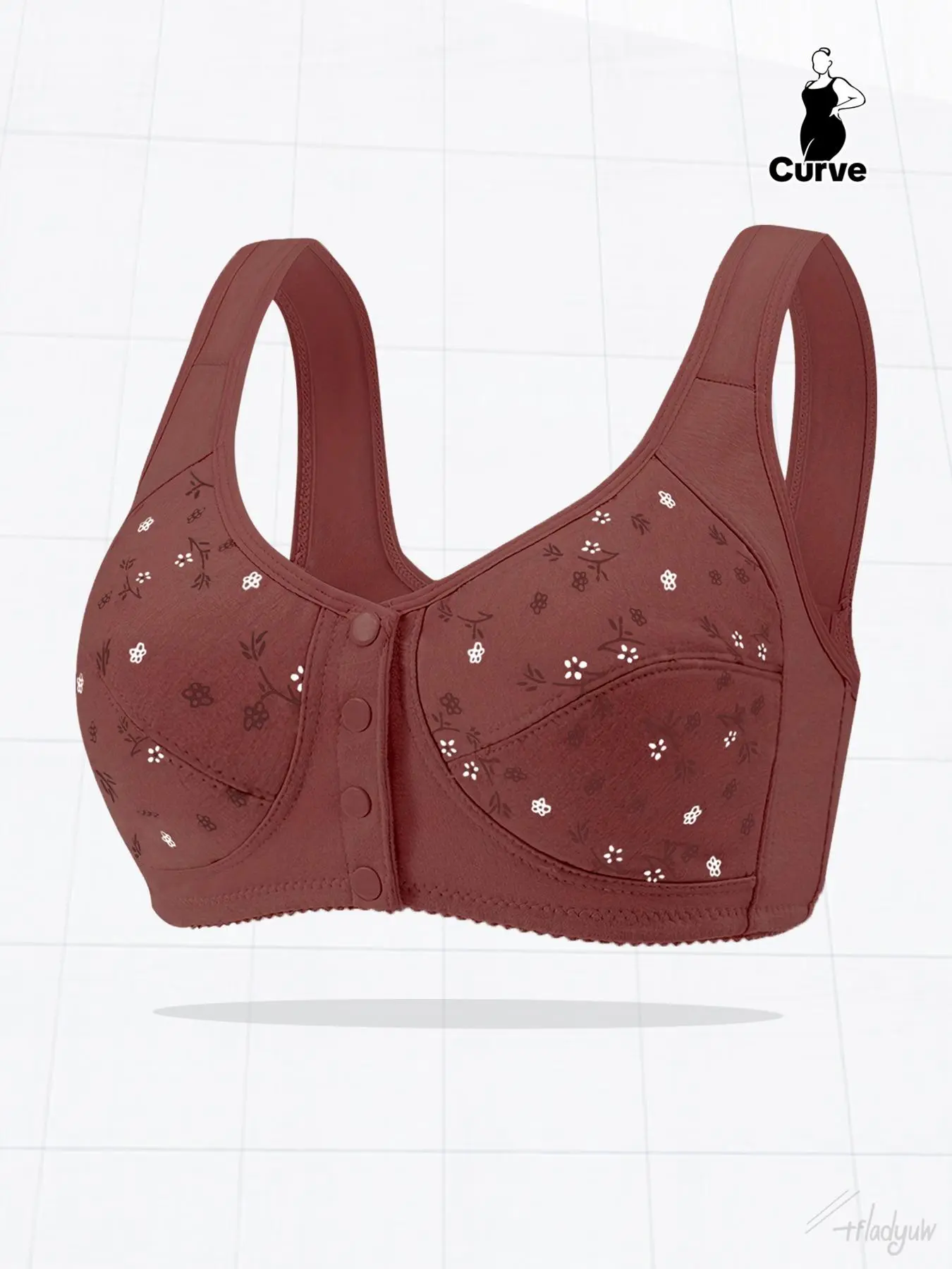 【Plus Size】 Ditsy Floral Print Wireless Bra, Casual Comfortable Breathable Buckle Front Bra for Daily Wear, Women's Plus Size Lingerie for All Seasons, Clothing