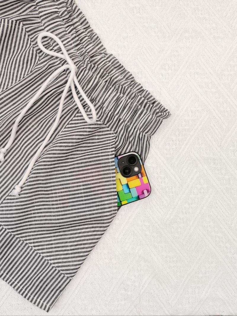 Product Introduction of Women's Striped Pattern Drawstring Waist Shorts, Casual Comfy Pocket Shorts for Summer, Fashion Women's Bottoms for Daily Wear 8