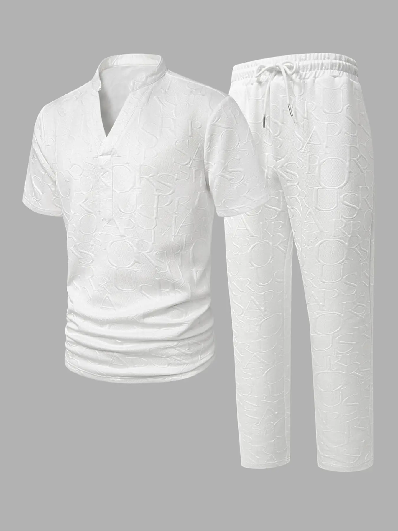 Men's Solid Jacquard V Neck Tee & Letter Pattern Pants Two-piece Set, Loose Casual Short Sleeve T-shirt & Trousers for Summer, Men's Clothes for Daily Wear