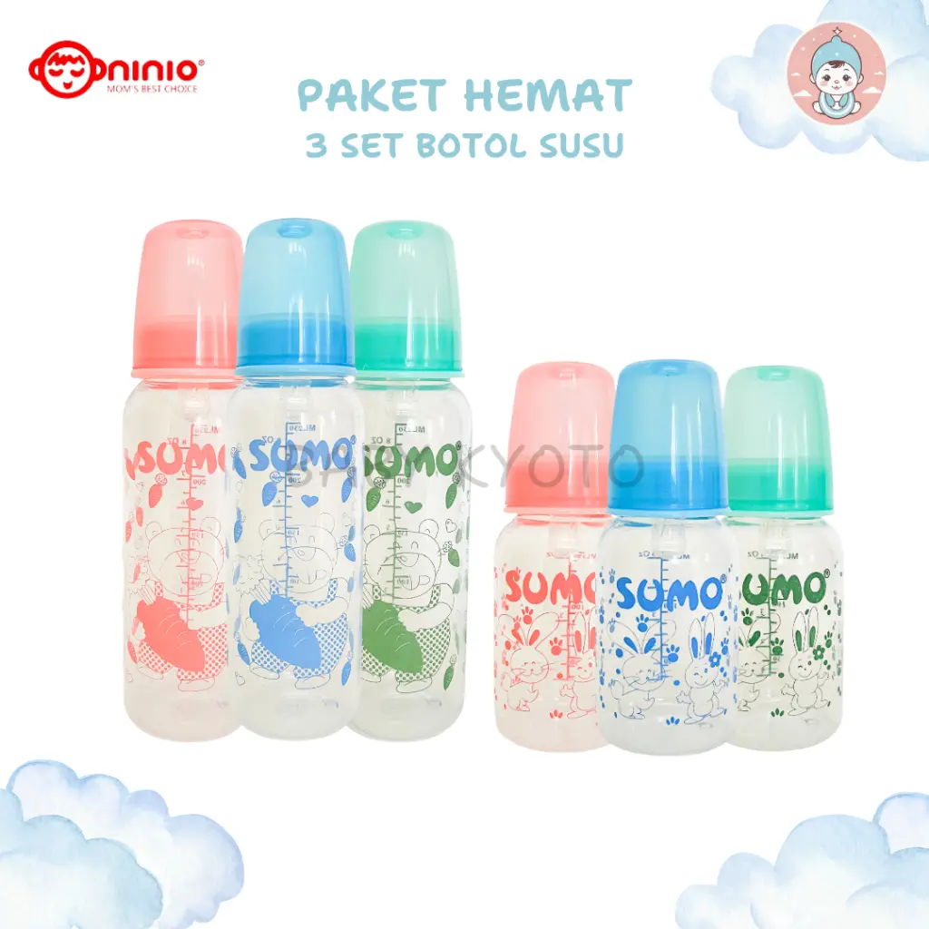 BK 3 Pcs Botol Dot Susu Bayi Sumo Ninio Feeding Baby Bottle Nipple Standard Neck Tempat Minum Anak