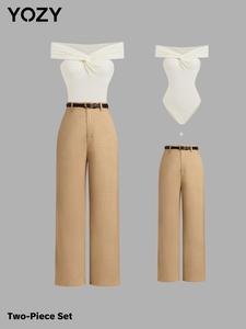 YOZY Women's Solid Off Shoulder Bodysuit & Belted Pocket Pants Two-piece Set, Casual Twist Front Bodysuit & Straight Leg Trousers for Daily Wear, Ladies Two-piece Outfits for All Seasons, Tummy Flattering