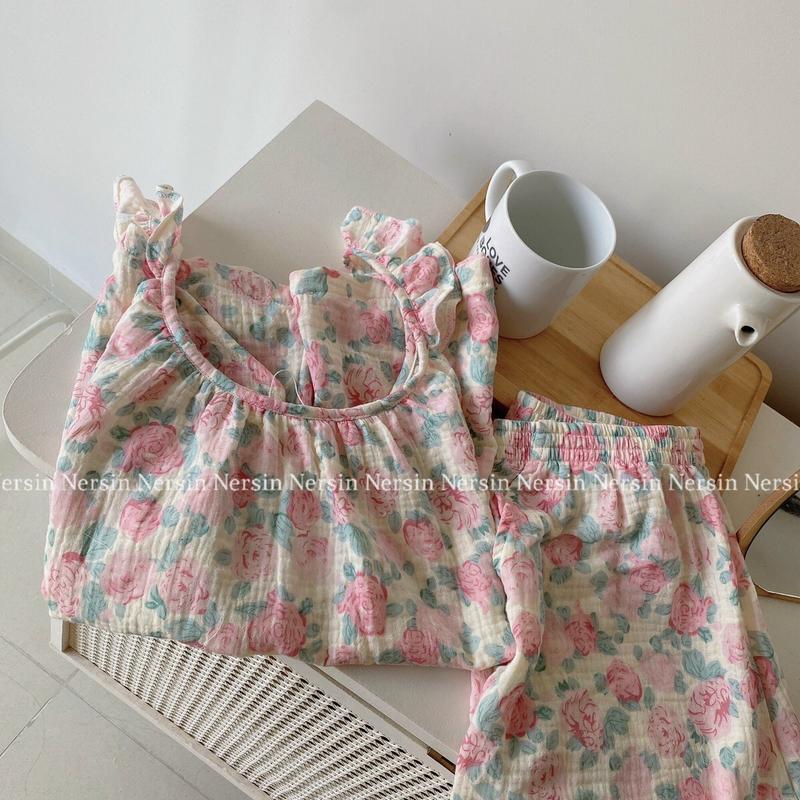 NERSIN Bộ đùi mặc nhà 2 dây cánh tiên xinh xắn chất liệu vải xô muslin cao cấp Nữ 5