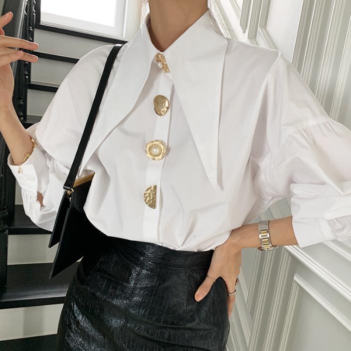 Áo Sơ Mi Trắng Cổ Bẻ Lưỡi Trai, Phong Cách Pháp Sang Trọng Sang Trọng, Thiết Kế Cổ Điển Cỡ Nhỏ Và Lớn, Áo Tay Phồng Thời Trang, Dành Cho Nữ, 2021 Hàng Mới Về 2