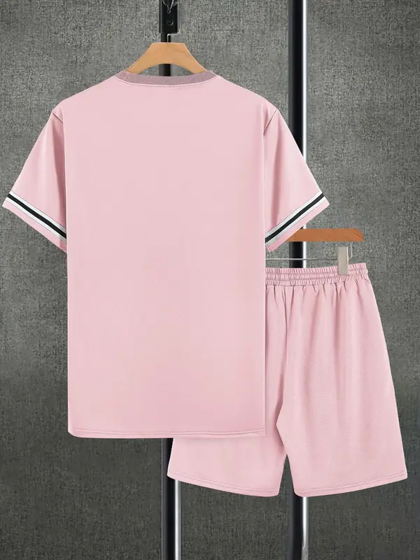 Classy Two Piece Sets Men's Contrast Binding Tee & Drawstring Waist Shorts Set, Casual Short Sleeve Round Neck T-shirt & Pocket Track Shorts, Autumn Outfits, Menswear, Posh Men's Clothes, College Outfits UK, Balkan School Outfits, Outfit Sets for Men 6