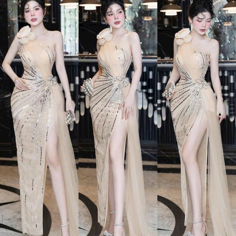 SIZE>62KG ĐẦM DẠ HỘI BODY LỆCH VAI ĐÍNH HOA VAI Dress Women Nữ Tua Rua