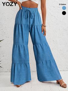 YOZY Women's Plain Drawstring Ruffle Wide Leg Pants, Casual High Waist Trousers for Spring & Fall, Women's Bottoms for Daily Wear