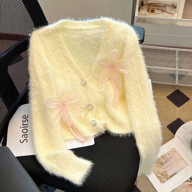 Áo Cardigan Dệt Kim Lông Chồn Giả, Ehnz, Thiết Kế Hoa Ba Chiều Ngọt Ngào, Dành Cho Nữ, Thích Hợp Cho Mùa Thu Và Mùa Đông, Cao Cấp, Thanh Lịch Và Sang Trọng, Áo Khoác Len 1