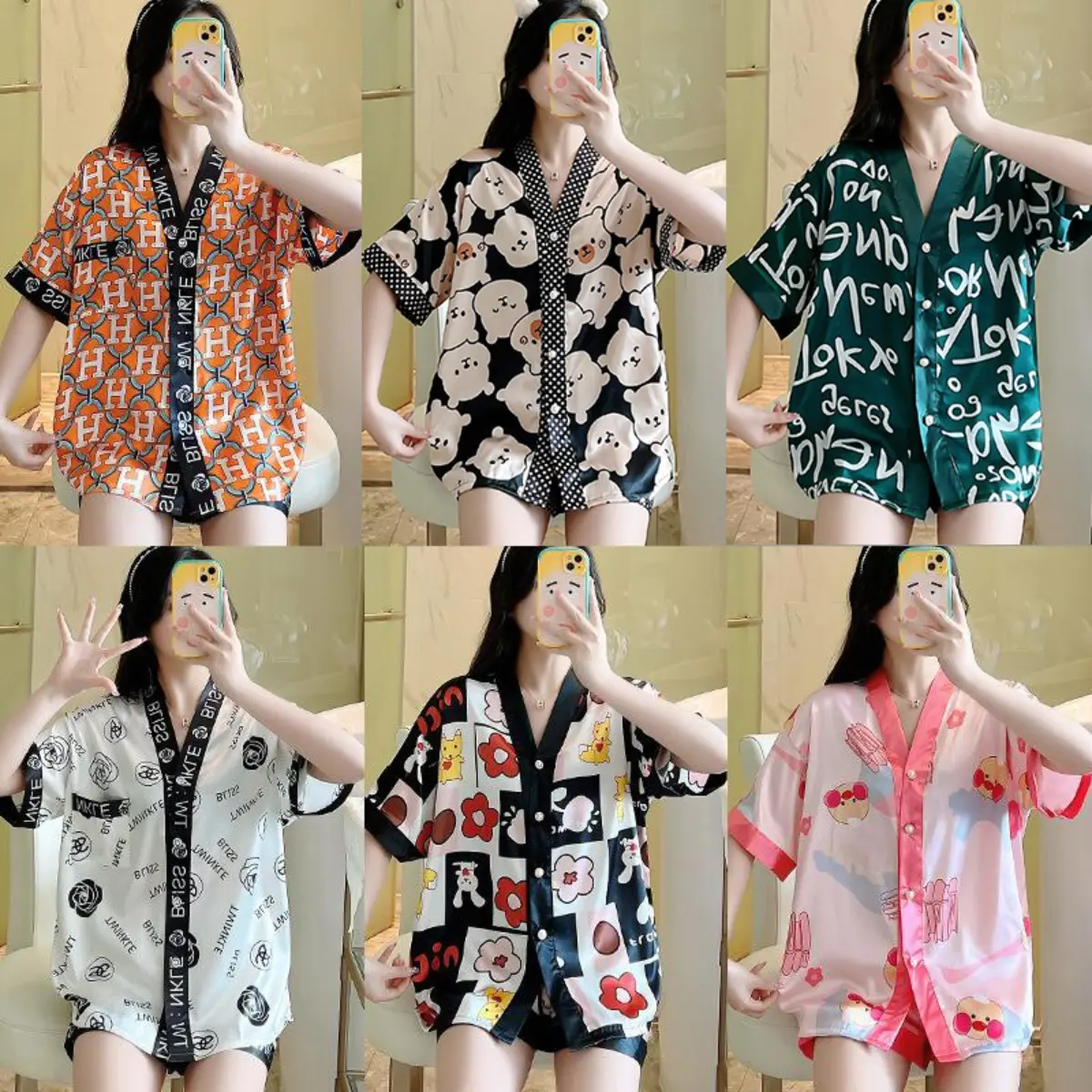 new pajamas women's ice silk V-neck cardigan short-sleeved shorts suit plus size home clothes women