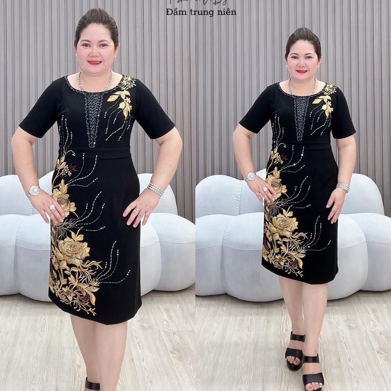 Đầm body trung niên hoa sen tay lỡ thiết kế thanh lịch, đẳng cấp Min Shop Nữ Voan Dress Women Voi Đen Đỏ