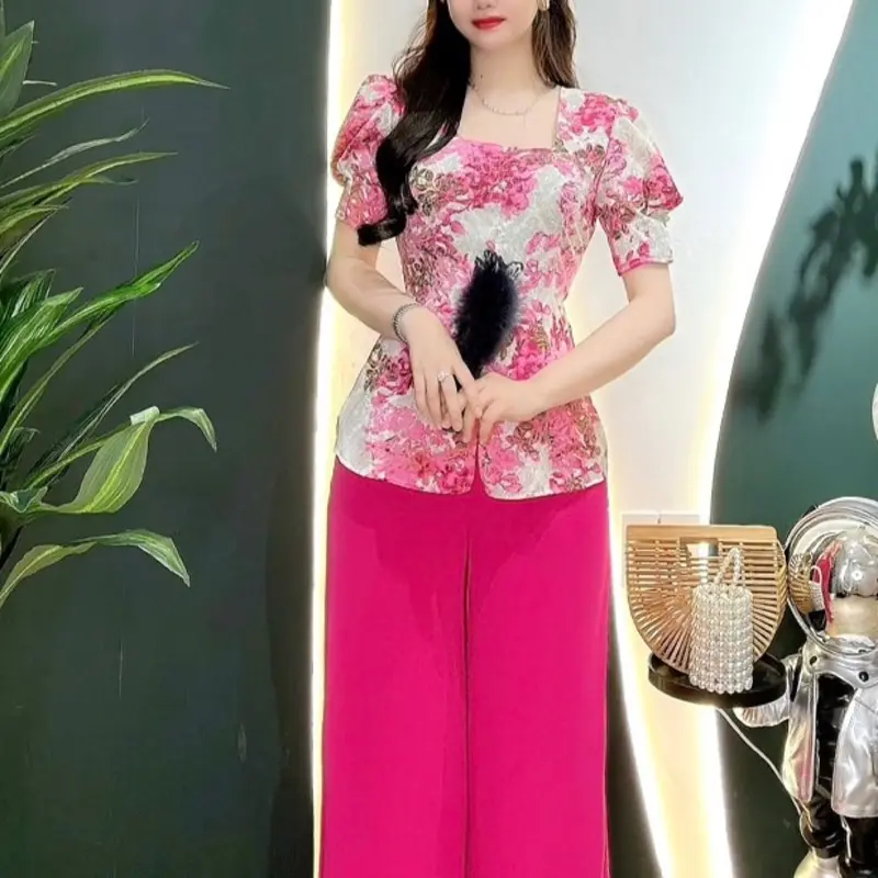 Bộ Quần Áo Bà Ba Nữ  Cổ Vuông Tay Ngắn Phồng Nút Ngọc Top 5