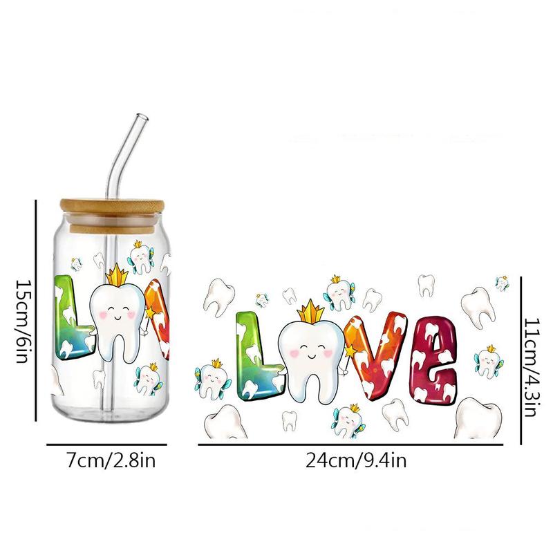 Dental Life Element UV DTF Transfer Sticker, 4 Counts/set Glass Jar Packaging Sticker, Love Dentist & Fairy Element Design UV DTF Cup Packaging Sticker 4