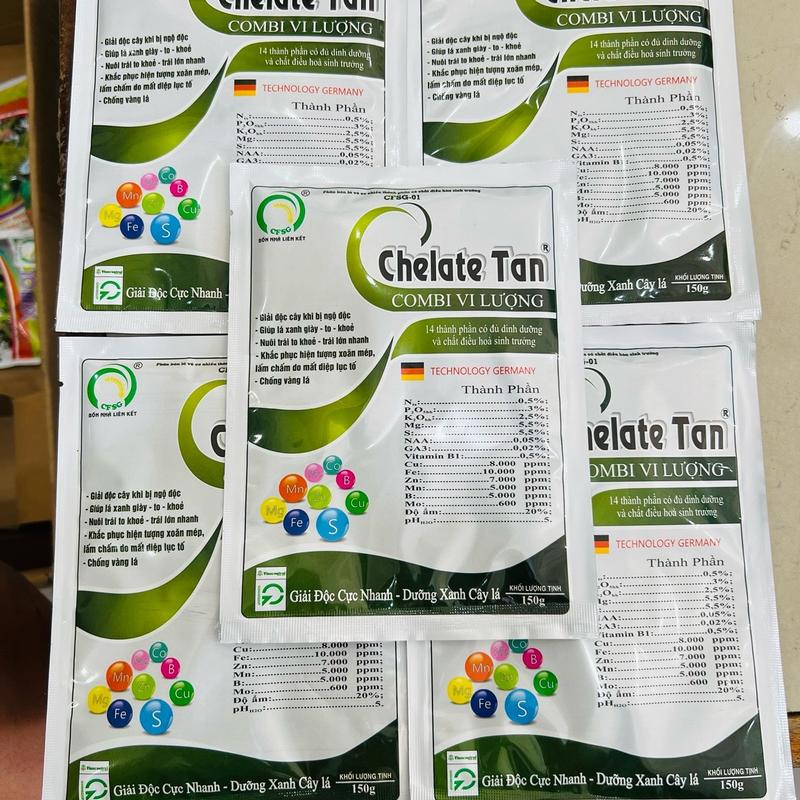 Combo 5 gói phân bón lá Chelate Combi Vi Lượng. Chứa 14 thành phần Đa Trung Vi Lượng Chất Điều Hoà Sinh Trưởng và Vitamin B1. Giúp Bộ Lá Xanh Giày Bóng Đẹp Trái Lớn Nhanh To Trái Đẹp Trái. 1 gói 150g pha 200 lít phun qua lá.