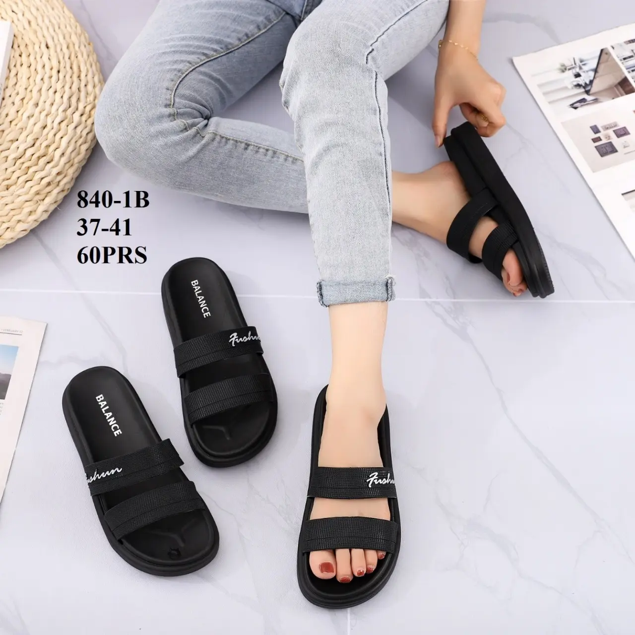 SANDAL SLOP WANITA DEWASA BALANCE IMPORT TALI DUA HITAM