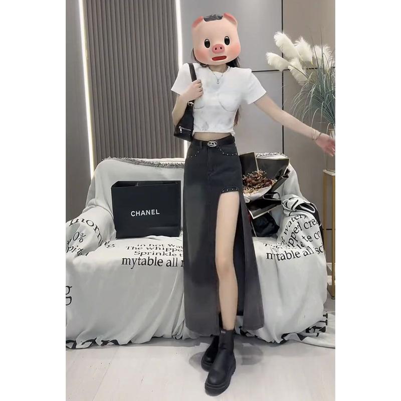 Chân Váy Denim Cạp Cao Thiết Kế Đính Cườm, Kiểu Hai Mảnh Bên Hông, Dành Cho Nữ, Hàng Mới Về Mùa Hè 2024, Cô Gái Nóng Bỏng Dài Trung Bình Thiết Kế Xẻ Tà, Thời Trang Women Khuy 3