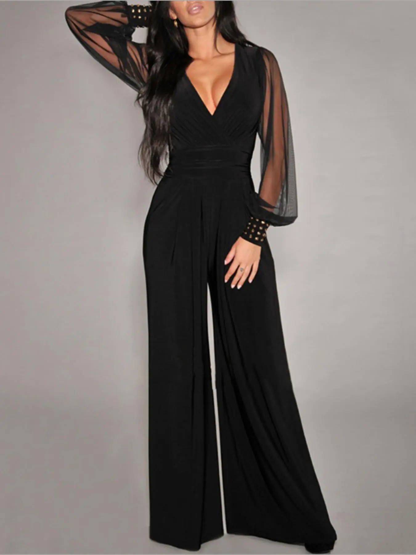 Women's Plain Deep V Neck Contrast Mesh Rivets Decor Jumpsuit, Casual Elegant Long Sleeve Jumpsuit for Party Holiday Vacation, Ladies Fall & Winter Clothes