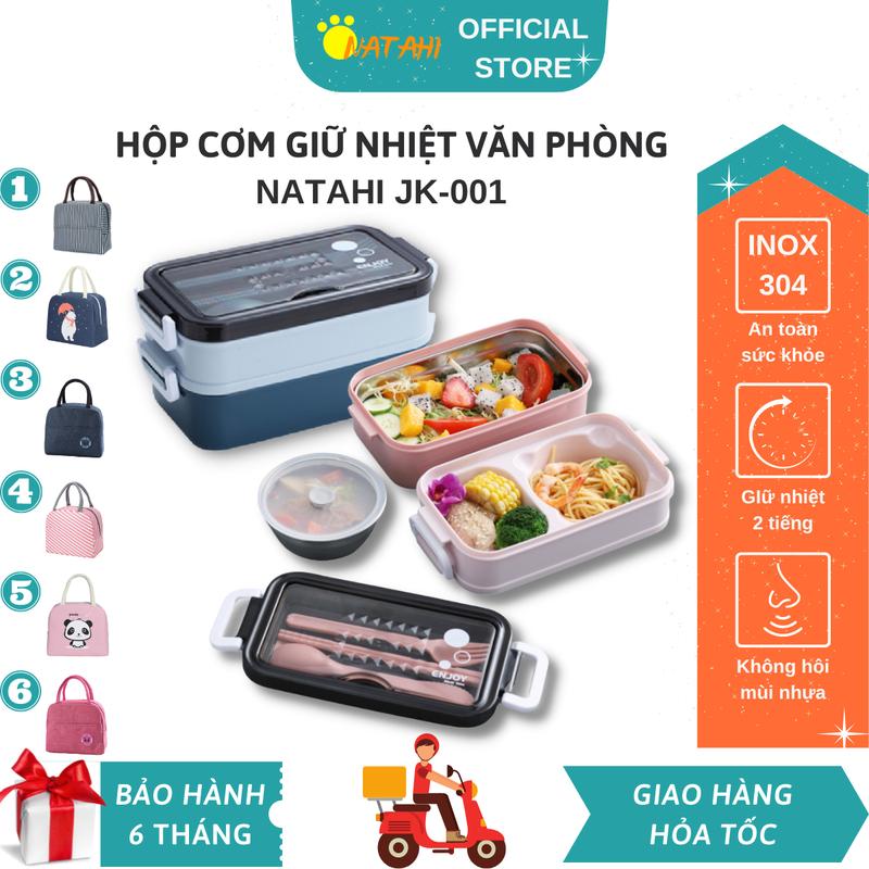 Hộp cơm giữ nhiệt văn phòng lúa mạch NATAHI JK001 2 tầng inox, chống gỉ, có chén đựng canh, đũa thìa nĩa nhựa tích hợp trên nắp tiện lợi, tặng kèm sticker dễ thương