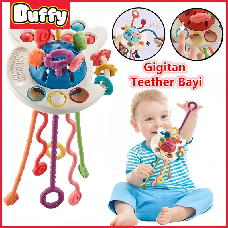 【Duffy toys】Mainan Teether Gigitan Bayi Bpa Free / Mainan Edukasi  4 In 1 Bahan Silikon Untuk Bayi / Teka-teki Mainan Teether Jari / Baby Multifungsi Pull Gigitan Toys / Tether Bayi Gigitan Bayi Bpa Free Mainan Edukasi Montessori Tarikan Sensorik Silikon 1
