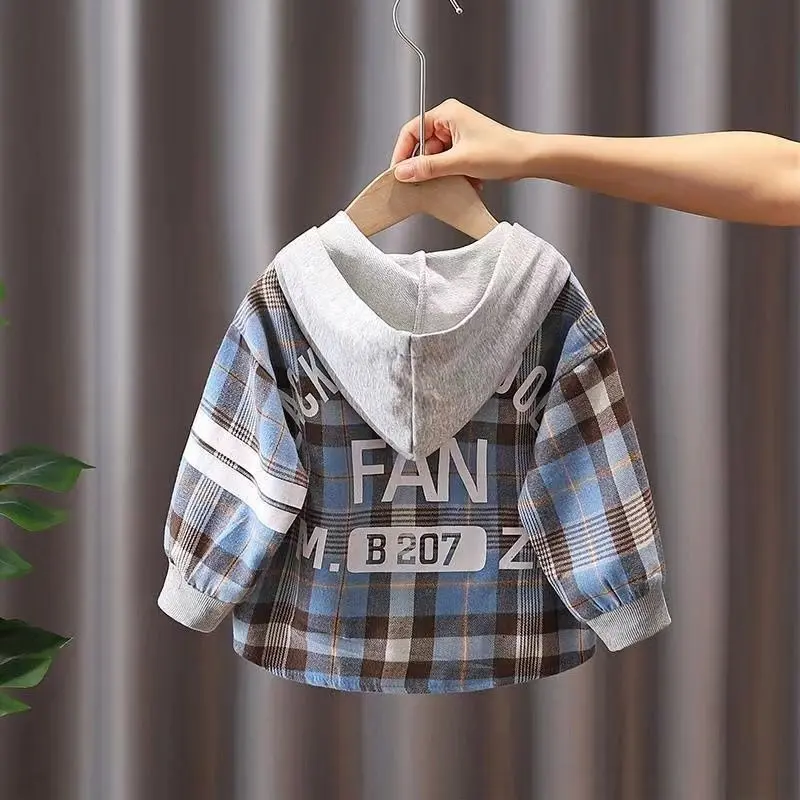 Áo Khoác Bé Trai, Hàng Mới Về Mùa Xuân Và Mùa Thu, Bé Trai Nhỏ Dáng Rộng Vừa Vặn, Có Thể Mặc Ngoài Trời, Áo Sơ Mi Kẻ Sọc Dài Tay, Lót Lông Cừu, Áo Khoác Có Mũ Trùm Đầu Cho Trẻ Em