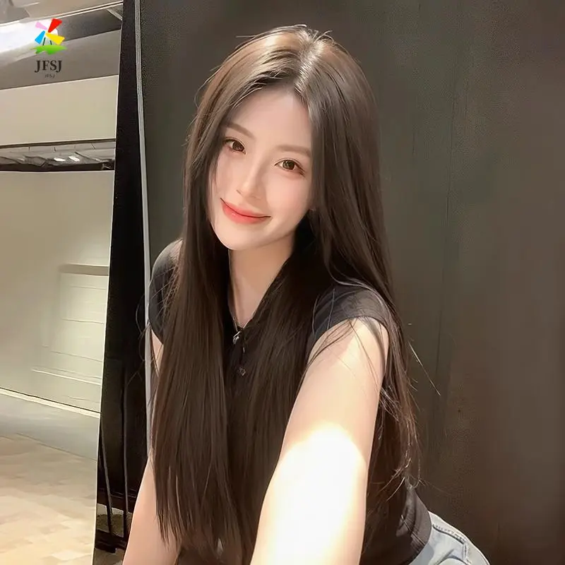 Wig rambut panjang wanita dengan poni belahan tengah, hitam panjang lurus, coklat dingin, wig coklat hangat dengan penutup kepala penuh
