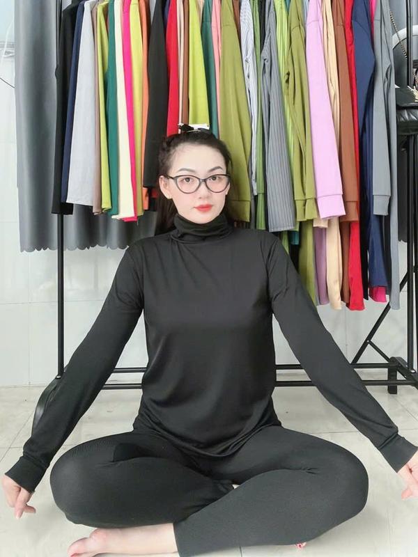 Bộ Cổ Lọ Nữ Ủ Kem Thun Gân Tăm Lạnh Top Áo Women