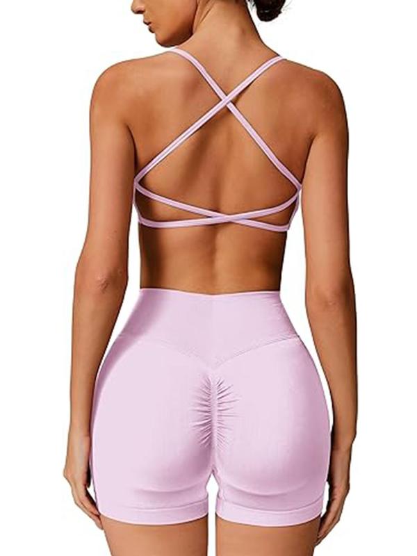 Women's Criss Cross Backless Crop Sports Bra & High Waist Shorts Sports Set, Breathable Comfortable Sports Set for Yoga Gym Workout Running, Ladies Sportswear for All Seasons 2