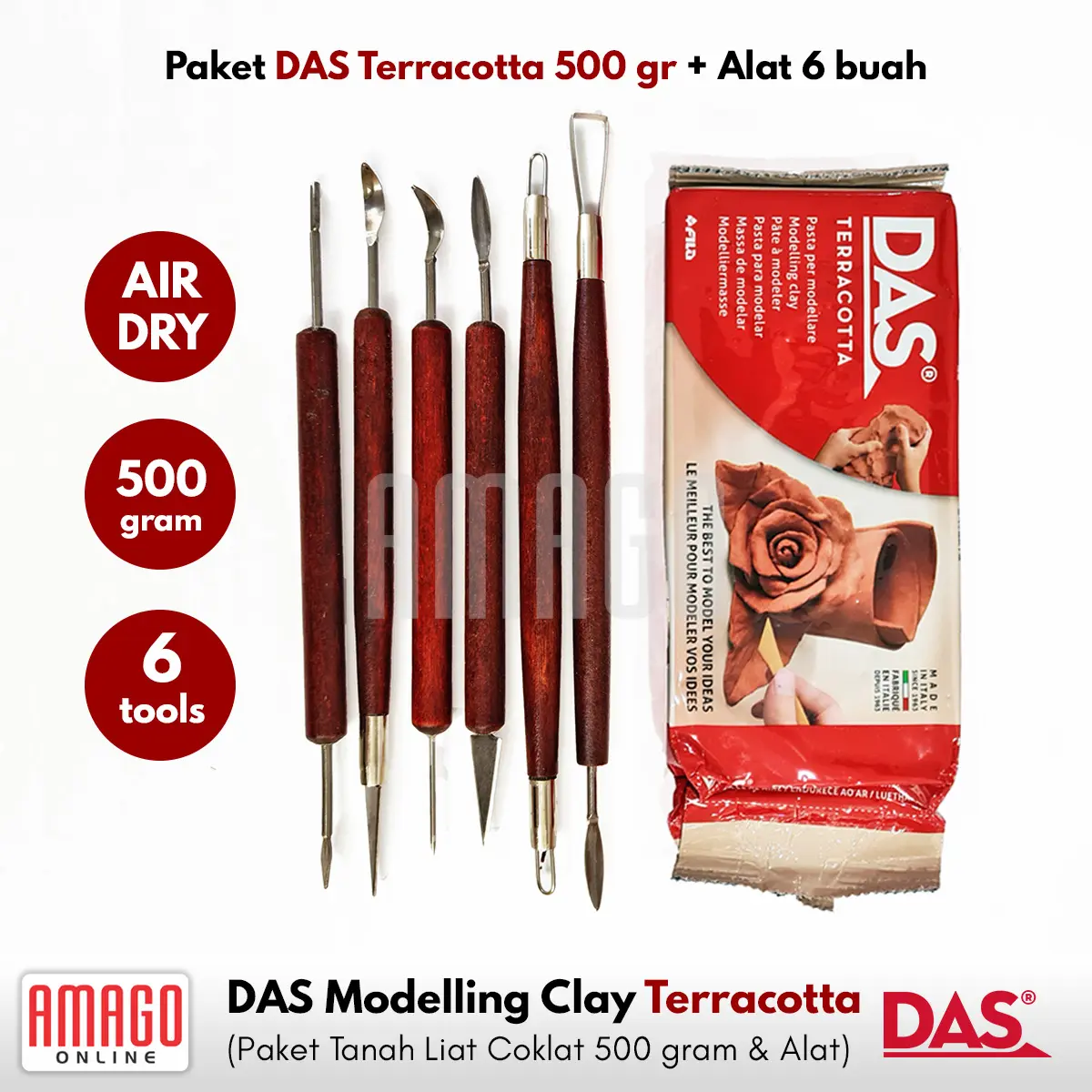 Paket Clay DAS Modelling Clay Tanah Liat 500 Gr TERRACOTTA Coklat + Alat Ukir Gagang Kayu Isi 6