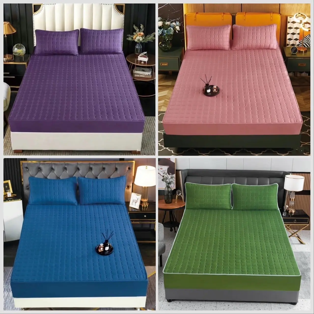 (B005) ผ้าปูที่นอนเสริมใยนุ่ม ผ้าคอตตอล มีรองกันเปื้อน สีพื้น