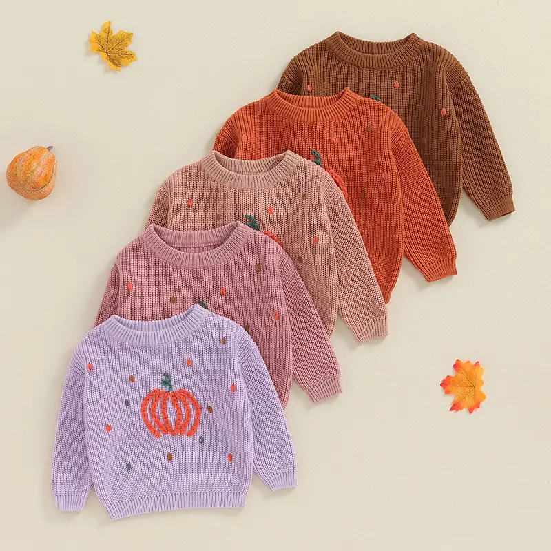 Toddler Boy Girl Halloween Sweater Pumpkin Pattern Long Sleeve Round Neck Chunky Knitwear Pullover