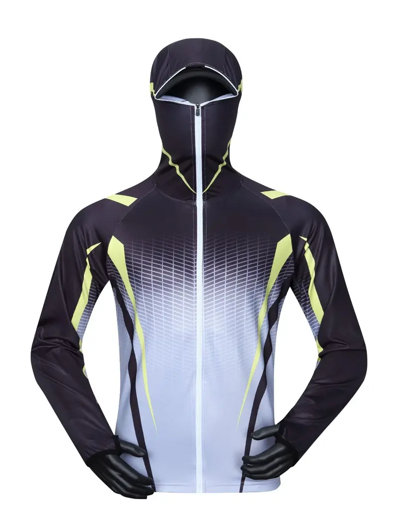 Product Introduction of Men's All Over Print Zip Up Rashguard, Breathable Quick Drying Sun Protection Fishing Hooded Jacket, Summer Outdoor Sports Clothing for Men 1
