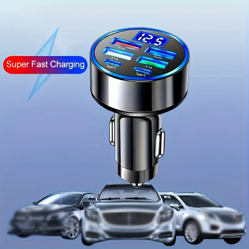 6-in-1 Fast Charger Car Adapter | QC3.0 Dual PD USB Ports, LED Display | Compatibility | 3.1A Fast Charging for Multiple Devices | Sleek Metallic Finish | Cigarette Lighter Plug | Supports 36V Vehicles 2
