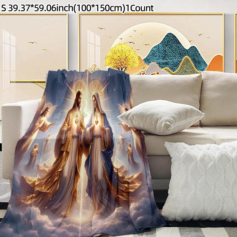 Product Introduction of Jesus & Mary Pattern Blanket, 1 Count Warm & Lightweight Throw Blanket, Soft Blanket for Bed, Sofa, Office, Camping & Travel 4